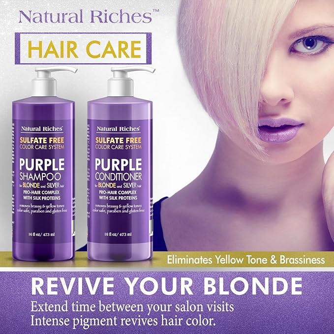 Natural Riches Purple Shampoo and Conditioner Set Sulfate Free Salon Grade for Silver Blonde Platinum Hair. Removes Yellow & Brass tones. Grey Highlighted Hair 16x2 fl oz-Velvo Beauty