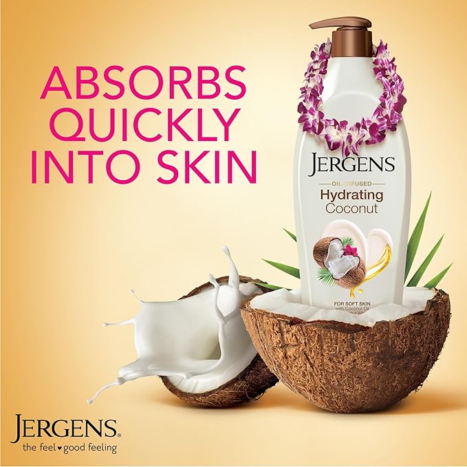 Jergens Hydrating Coconut Body Lotion, Hand and Body Moisturizer, Infused with Coconut Oil, Hydrates Dry Skin Instantly, Dermatologist Tested, 16.8 oz-Velvo Beauty