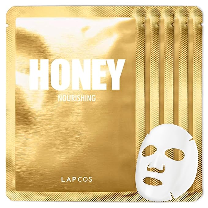 LAPCOS Honey Sheet Mask, Daily Face Mask with Hyaluronic Acid and Antioxidants to Hydrate and Tighten Dry Skin, Korean Beauty Favorite, 5-Pack-Velvo Beauty