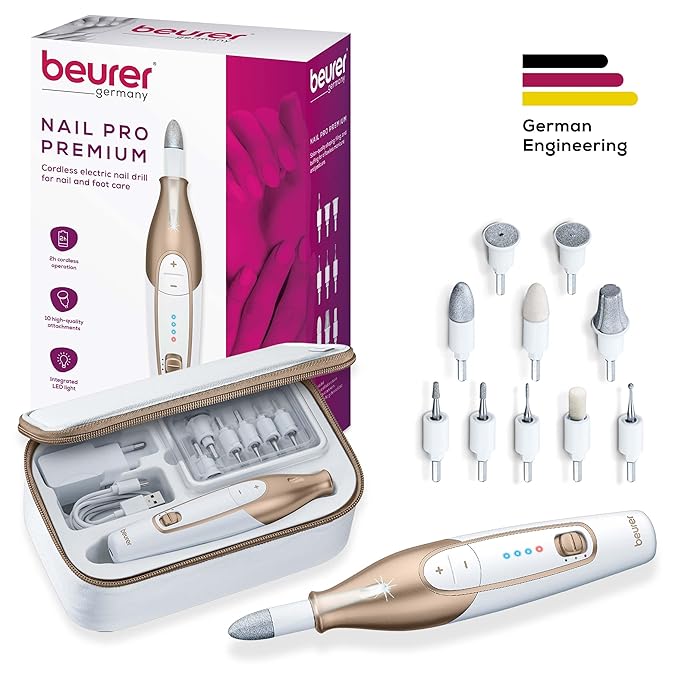 Beurer MP64 Nail Drill Kit, Cordless Electric Nail File with 10 Attachments and LED Light, Electric Manicure Set with Adjustable Speed, E-File for Manicure and Pedicure, with Storage Case-Velvo Beauty