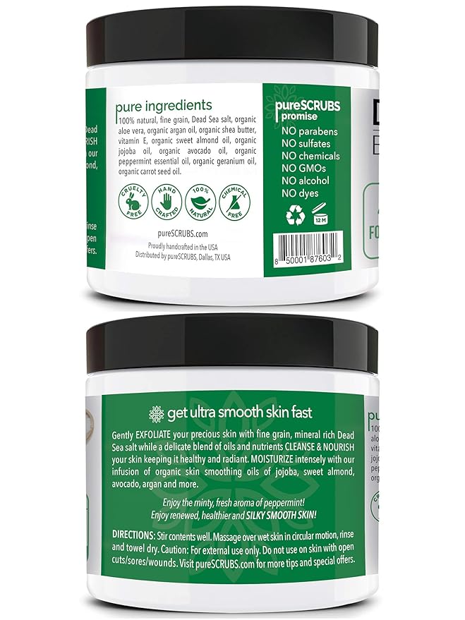 pureSCRUBS Premium Sea Salt Body Scrub Set - Large 16oz Peppermint Scrub With Infused Essential Oils & Nutrients, Includes Wooden Spoon, Loofah & Oatmeal Exfoliating Bar Soap-Velvo Beauty