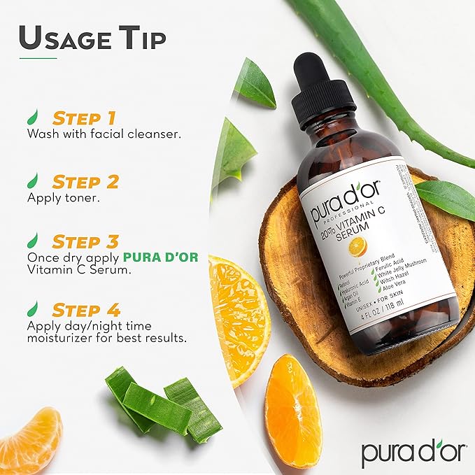 PURA D'OR 20% Vitamin C Serum 4 Oz - Lightweight Maximum Strength Formula - Retinol, Hyaluronic Acid, Ferulic Acid - Professional Grade Treatment For Face & Eyes, Wrinkles - Men & Women-Velvo Beauty