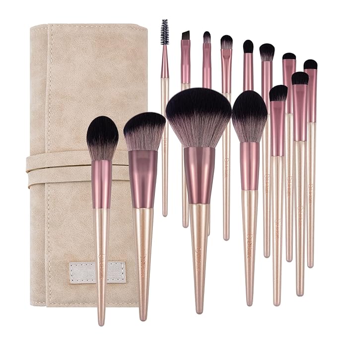 DUcare Makeup Brushes with Bag - 14Pcs Professional Synthetic Make Up Brushes Set for Blush Concealer Foundation Bronzer Powder Eyebrow Eyeshadow Blending Makeup Brush Set Mekaup bag, Rose Golden-Velvo Beauty