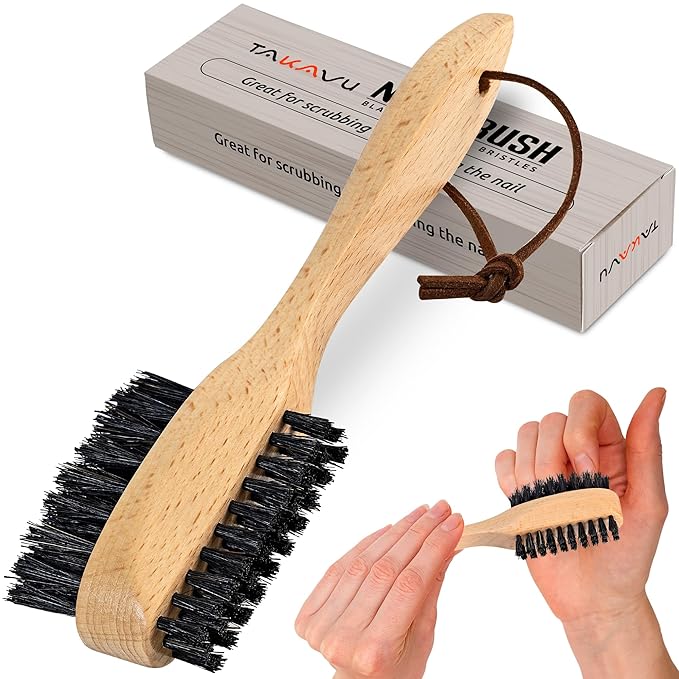 Takavu Nail Brush Black Boar Bristles, Natural Wood Handle, Nail Cleaning Brush for Scrubbing Fingernail Toenail Hand Feet, Dual Sided for Regular Manicure Nail Care Hygiene-Velvo Beauty