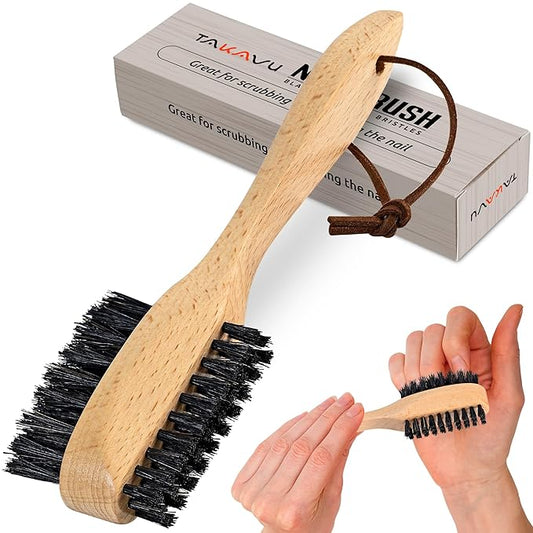Takavu Nail Brush Black Boar Bristles, Natural Wood Handle, Nail Cleaning Brush for Scrubbing Fingernail Toenail Hand Feet, Dual Sided for Regular Manicure Nail Care Hygiene-Velvo Beauty