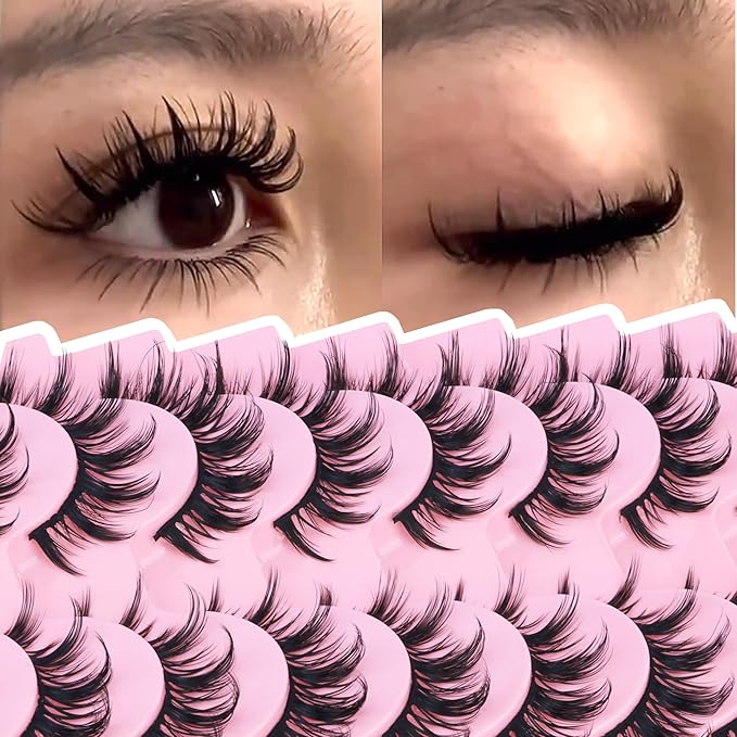 False Eyelashes Manga Lashes 10 Pairs False Eyelashes Japanese Style D Anime Lashes Natural Cosplay Lashes Natural Look 15 MM Wispy Faux Mink Lashes Full Strip Doll Lashes by FANXITON-Velvo Beauty