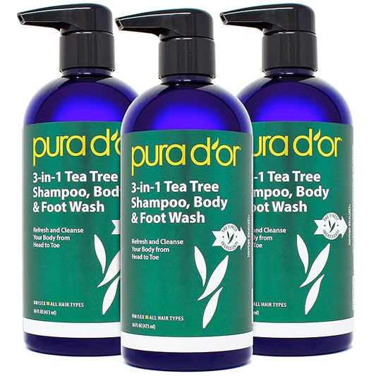 PURA D'OR 3-in-1 Tea Tree Shampoo, Body & Foot Wash, Shampoo (16oz x3 = 48oz) Total Body Care - Foot Odor & Daily Hygiene, Cleansing Routine, Post-Workout Refreshment - Soothes, Invigorates, Nourishes-Velvo Beauty