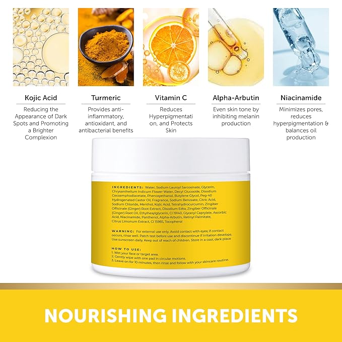 VALITIC Turmeric Kojic Acid Cleansing Pads - Exfoliating Dark Spot Remover for Face with Vitamin C, Alpha Arbutin, Niacinamide and Retinol - Kojic Acid And Turmeric Cleansing Pads - 60 Units-Velvo Beauty