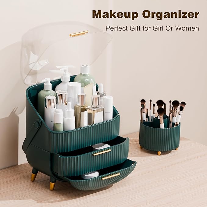 Makeup Organizers and Storage Make up Organizer for Vanity Cosmetics Skincare With Lid and Drawers Display Cases for Countertop Bathroom Women Teenager Girl Gifts(Dark Green+Brush Holder)-Velvo Beauty