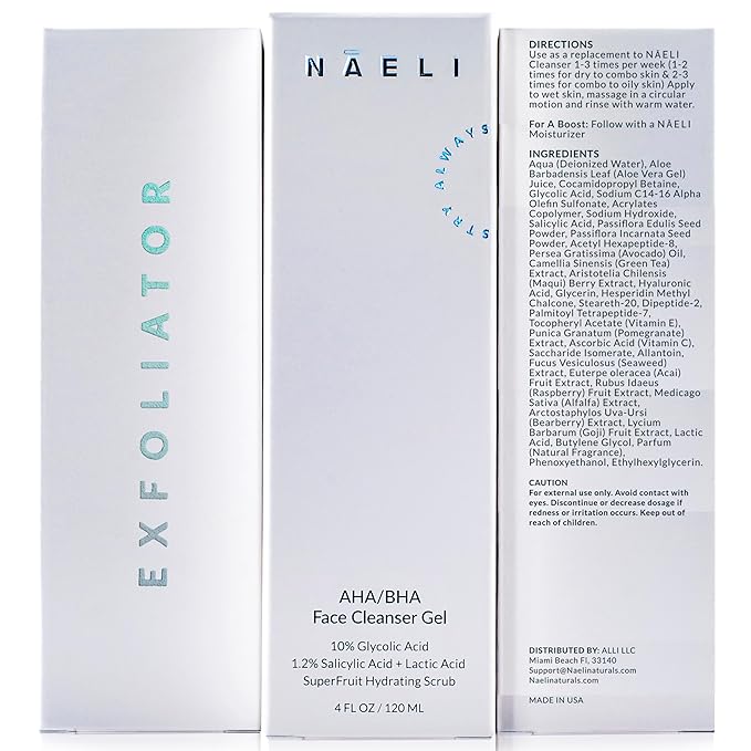 NAELI AHA/BHA Exfoliating Face Wash - 10% Glycolic Acid & Salicylic Acid Cleanser, Anti Aging Acne & Wrinkle Reducing Facial Exfoliant, Pore Minimizer & Brightening Gel, 4 oz-Velvo Beauty