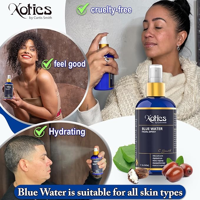 Xotics Blue Water Facial Spray - 8oz - Hydrating Face Mist with Aloe Vera - Refreshing Toner for Men & Women, Aftershave, Daily Moisturizing Splash for All Skin Types-Velvo Beauty