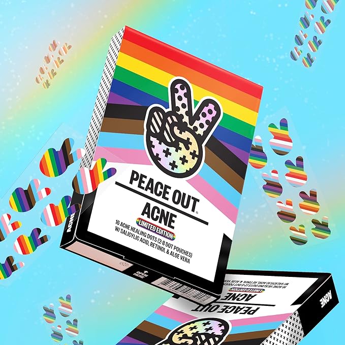 PEACE OUT Acne Healing Pride Dots Helps Clear Blemishes Overnight, Fast Acting Hydrocolloid Pimple Patches for Breakouts with Salicylic Acid, Retinol and Aloe Vera, Award Winning Skincare 16 Count-Velvo Beauty