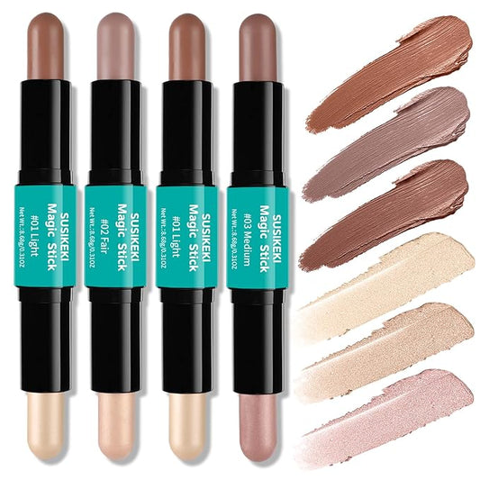 Contour Stick, 4Pcs Dual-Ended Highlighter Makeup Pen & Contouring Stick for Face Shaping, Long Lasting Waterproof Cream Bronzer & Highlight Sticks Make Up Kit for All Skin Tones(Set A+Set B)-Velvo Beauty
