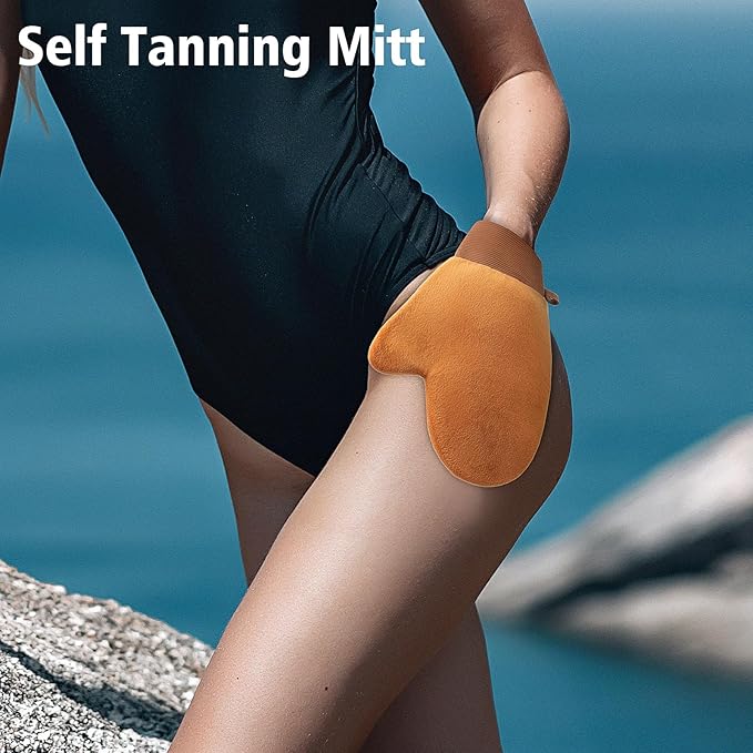 Self Tanning Brushes- Blend & Blur Extra Large Body Makeup Brush & Tanning Mitt, 2 Pcs, Kabuki Body Brush Applicator for Tan, Foundation, Self Tanner Glove for Application, Mousse, Lotion (Rose Gold)-Velvo Beauty