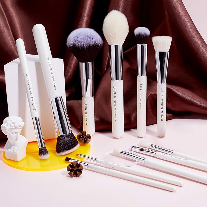 Jessup Brand 25pcs Professional Makeup Brush Set Beauty Cosmetic Foundation Powder Blusher Eyeshadow Blending Highlight Concealer Natural-Synthetic Hair Brushes Set (Pearl White/Silver)-Velvo Beauty