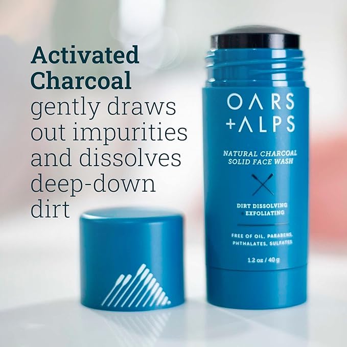 Oars + Alps Exfoliating Face Wash Stick, 2-in-1 Facial Cleanser & Exfoliant with Activated Charcoal, Alpine Moss, Dermatologist Tested, Spill Free, Travel Size, 1.2 Oz-Velvo Beauty