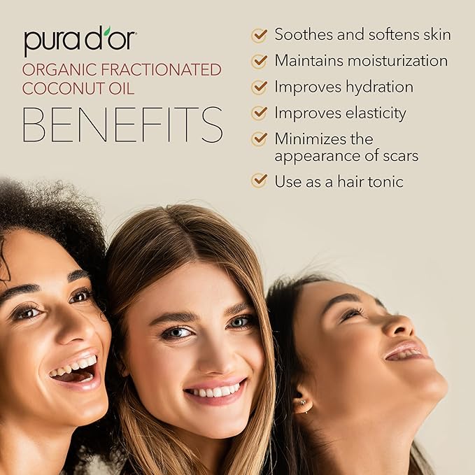 PURA D'OR 16.9 Oz ORGANIC Fractionated Coconut Oil MCT Oil (GLASS BOTTLE) 100% Pure & Natural USDA Certified Cold Pressed - Unscented, Hexane Free Moisturizer For Face, Skin & Hair Tonic - Men & Women-Velvo Beauty