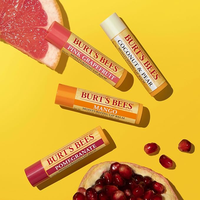 Burt's Bees Lip Balm - Pink Grapefruit, Mango, Coconut & Pear, and Pomegranate Pack, Lip Moisturizer With Beeswax, Tint-Free, Natural Origin Conditioning Lip Treatment, 4 Tubes, 0.15 oz.-Velvo Beauty