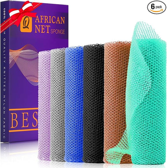 UJFQBH 6 Pieces African Bath Sponge African Net Long Net Bath Sponge Exfoliating Shower Body Scrubber Back Scrubber Skin Smoother,Great for Daily Use (Purple, Gray, Blue, Black, Brown, Green)-Velvo Beauty
