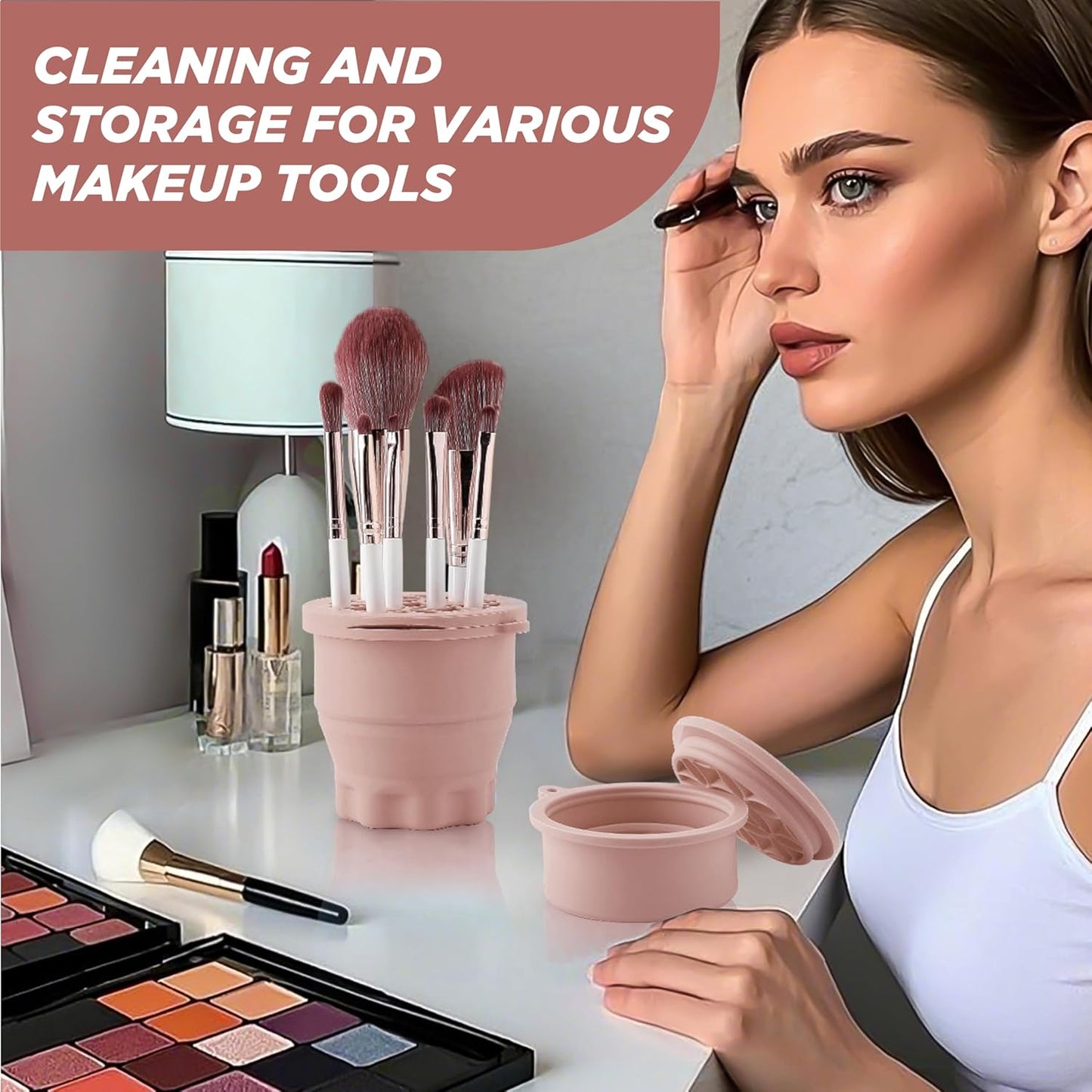 Makeup Brush Cleaner - Foldable Silicone Makeup Brush Cleaner Mat with Brush Storage Holder Makeup Brush Cleaning Bowl Cosmetic Brush Washing Tool for Cleaning Organizer and Drying (Nude Pink)-Velvo Beauty
