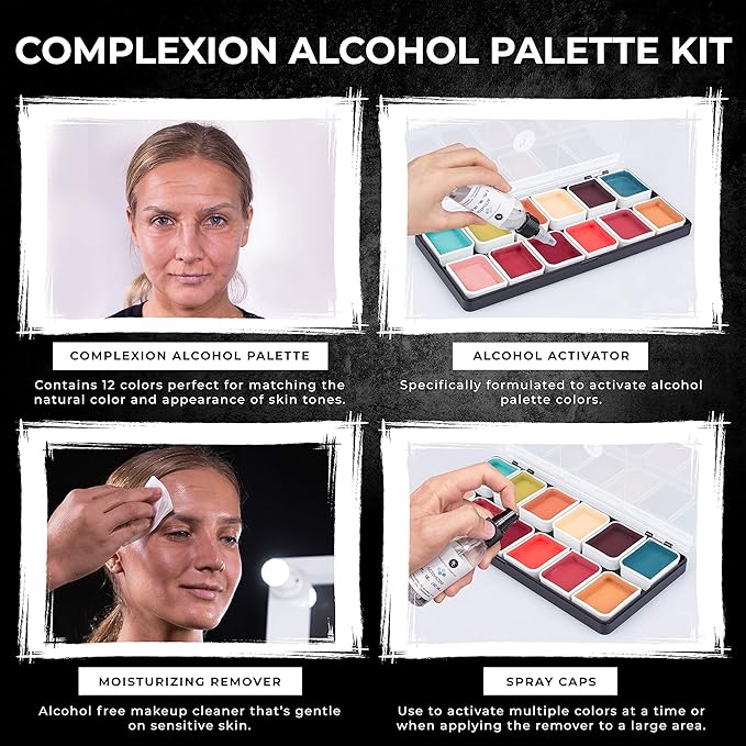 Complexion Alcohol-Activated Palette, Activator, and Remover Kit, Professional SFX Makeup Set-Velvo Beauty