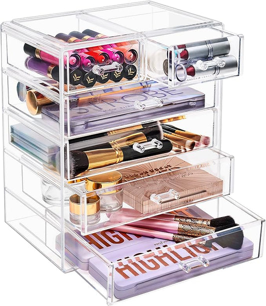 Sorbus Acrylic Makeup Organizer - Organization and Storage Case for Cosmetics Make Up & Jewelry - Big Clear Makeup Organizer for Vanity, Bathroom, College Dorm, Closet, Desk (4 Large, 2 Small Drawers)-Velvo Beauty