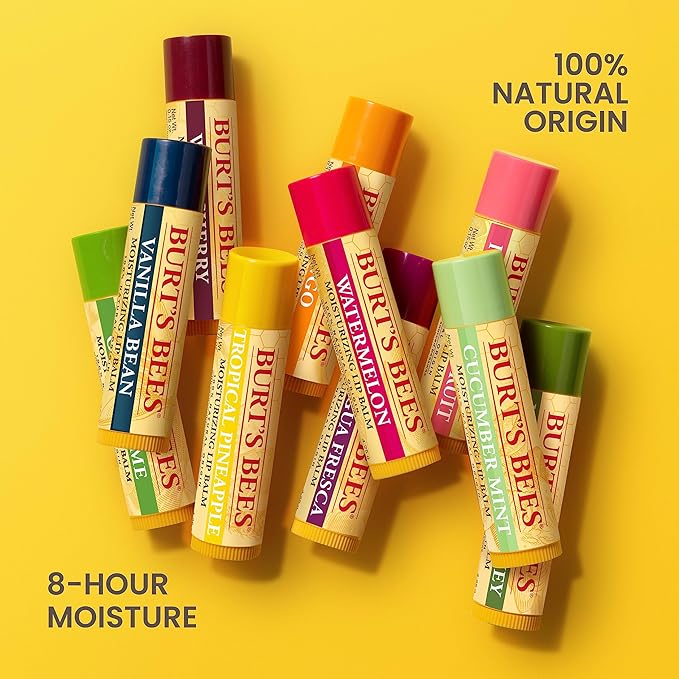 Burt's Bees Lip Balm - Berry Agua Fresca, Dragonfruit Lemon, Coconut & Pear, Tropical Pineapple Pack, With Beeswax, Tint-Free, Natural Origin Lip Treatment, 4 Tubes, 0.15 oz.-Velvo Beauty
