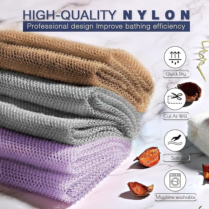 UJFQBH 3 Pieces African exfoliating net African Net Long Net Bath Sponge Exfoliating Shower Body Scrubber Back Scrubber Skin Smoother,Great for Daily Use (Purple、Gray、Brown)-Velvo Beauty