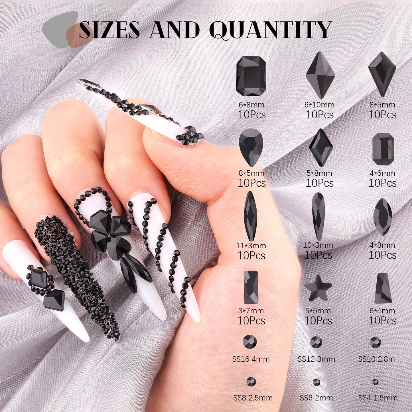 3220Pcs Black Glass Nail Rhinestones 120Pcs Multi Shapes Flatback Gems Crystal + 3100Pcs 1.5-4mm Round Beads, Manicure Diomand Jewelry Gemstones for Nail Design Makeup Acrylic Nails Decoration-Velvo Beauty