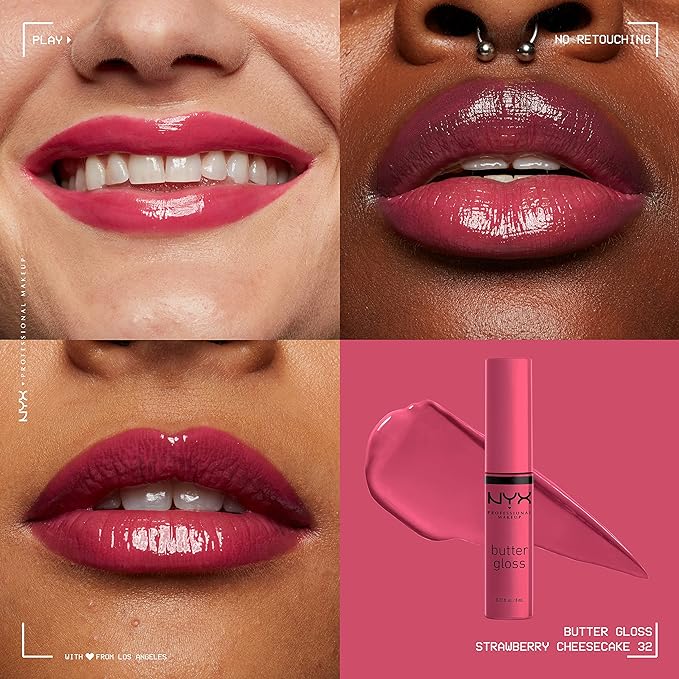 NYX PROFESSIONAL MAKEUP Butter Gloss, Non-Sticky Lip Gloss - Strawberry Cheesecake (Warm Pink)-Velvo Beauty