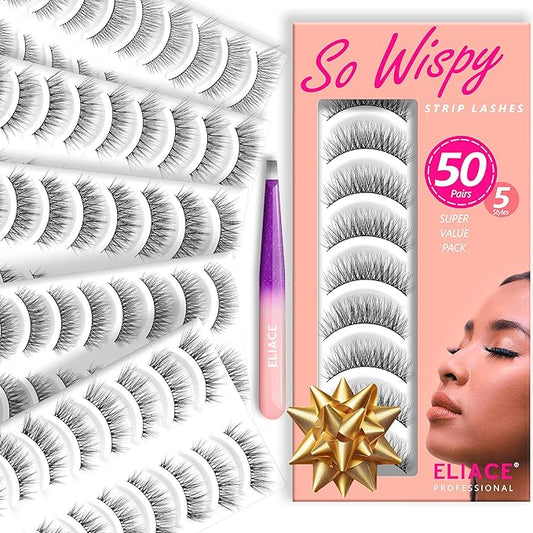 Eliace Luxurious 50 Pairs 5 Styles Cat Eye Lashes Wispy False Eyelashes Natural look 3D Mink Lashes Fake Eyelashes Kit, Thin Soft Band Comfortable Fluffy Volume Cross Strip Lash, with Lash Tweezers-Velvo Beauty