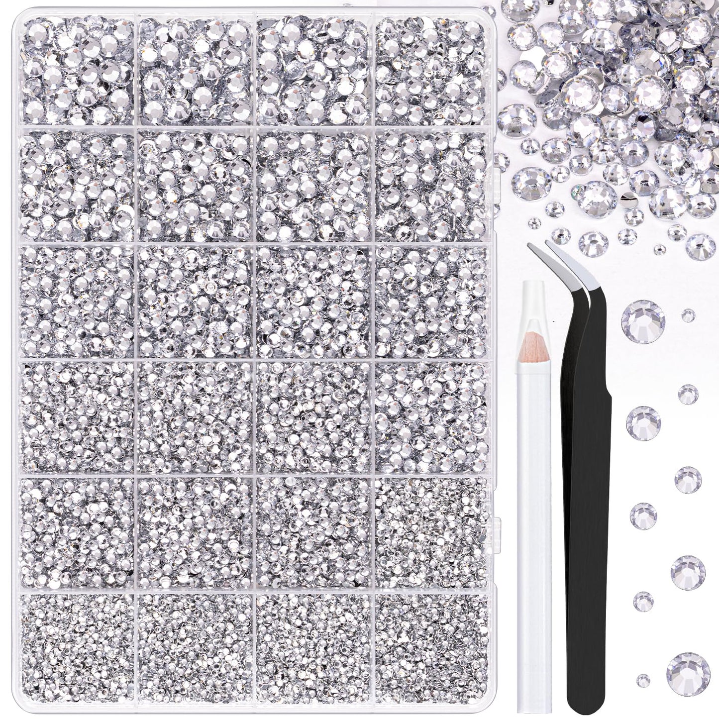 25000Pcs Resin Rhinestones with Tweezers for Crafting, Silver Clear 2-6mm Mixed Sizes Flatback Gems, Bedazzling Crystal for DIY Crafts Clothing Tumblers Mugs Shoes Fabric Decor Nail Art-Velvo Beauty