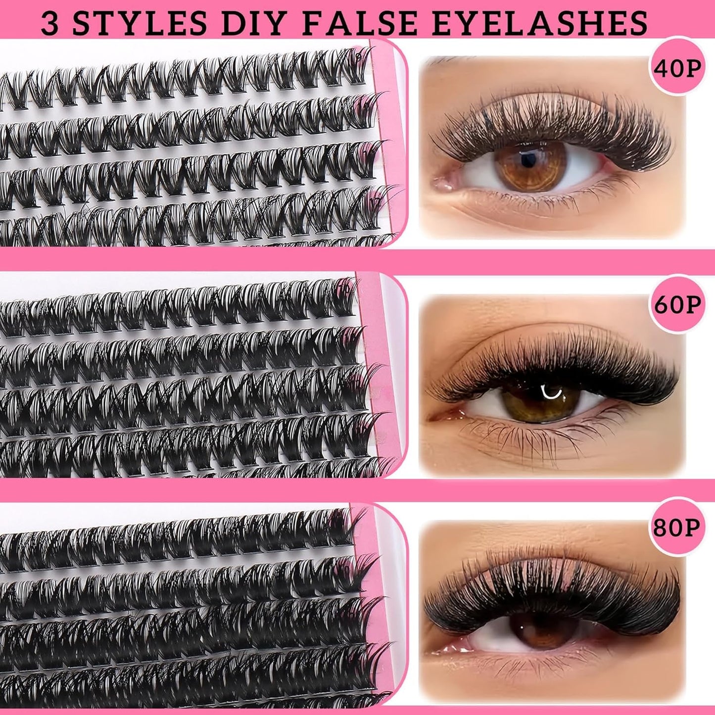 3 Styles Lashes Cluster Kit 720Pcs Eyelash Extensions Kit 40P+60P+80P Bulk Pack D Curl Volume False Eyelashes DIY Individual Wispy Fake Eye Lashes Combo Packs with Bond&Seal |Tweezers | Removers-Velvo Beauty