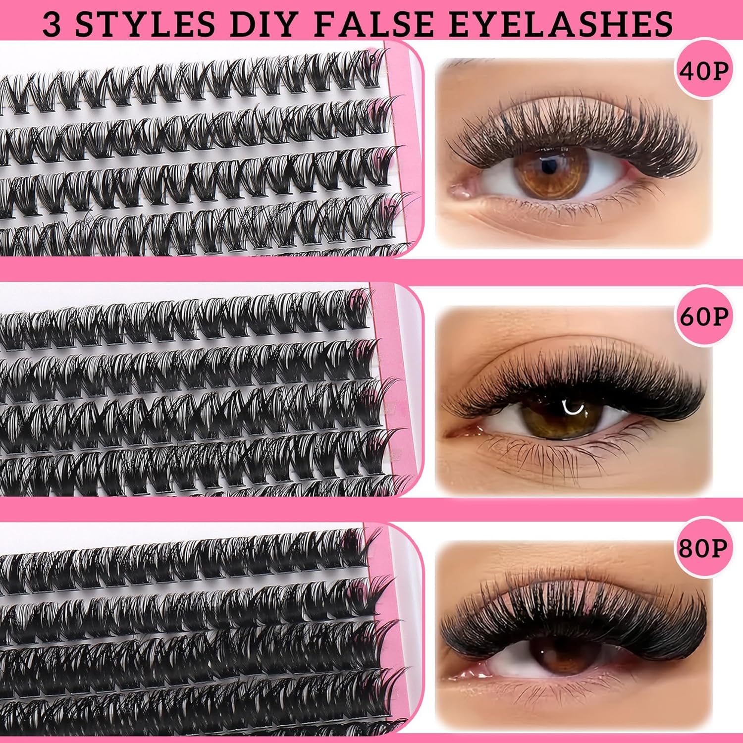 3 Styles Lashes Cluster Kit 720Pcs Eyelash Extensions Kit 40P+60P+80P Bulk Pack D Curl Volume False Eyelashes DIY Individual Wispy Fake Eye Lashes Combo Packs with Bond&Seal |Tweezers | Removers-Velvo Beauty
