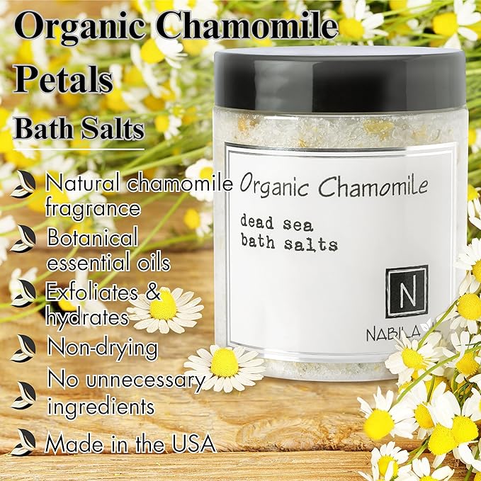 Organic Chamomile Bath Salts by Nabila K - Dead Sea Salt & Epsom Salt Scrub & Soak - Exfoliates & Hydrates Skin, Botanical Essential Oils - Bubble Bath Accessories for All Skins Types, 8 oz-Velvo Beauty