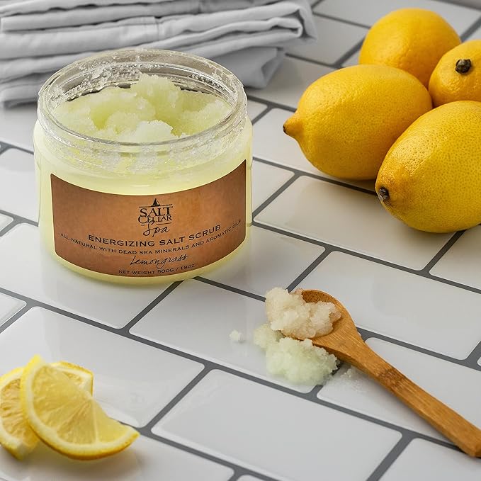 Salt Cellar Spa Energizing Lemongrass Salt Scrub - Awaken Your Skin with Dead Sea Minerals - Revive, Refresh, and Rejuvenate - Made in Israel, Cruelty-Free, 18 oz.-Velvo Beauty