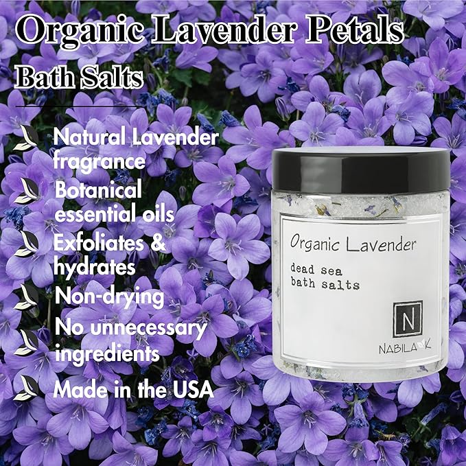 Organic Lavender Bath Salts by Nabila K - Dead Sea Salt & Epsom Salt Scrub & Soak - Exfoliates & Hydrates Skin, Botanical Essential Oils - Bubble Bath Accessories for All Skins Types, 2 oz-Velvo Beauty