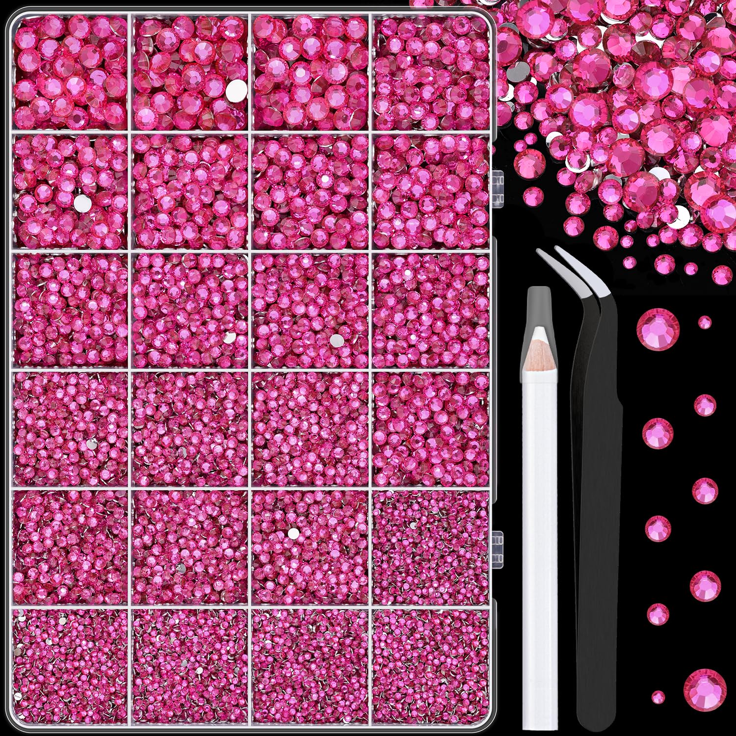 25000Pcs Resin Rhinestones with Tweezers for Crafting, Hot Pink 2-6mm Mixed Sizes Non Hotfix Flatback Gems, Bedazzling Crystal for DIY Craft Clothing Mugs Tumblers Shoes Fabric Decor Nail Art-Velvo Beauty