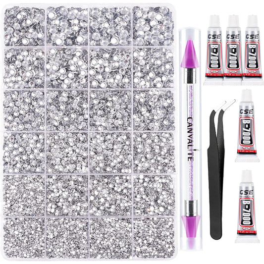 Canvalite 25000Pcs Resin Jelly Rhinestones for Crafting, Clear Flatback Gems, Bedazzling Crystal with 5Pcs 2.5g B7000 Jewelry Glues and Tweezers and Dotting Pen for DIY Crafts Clothing Shoes Nail Art-Velvo Beauty