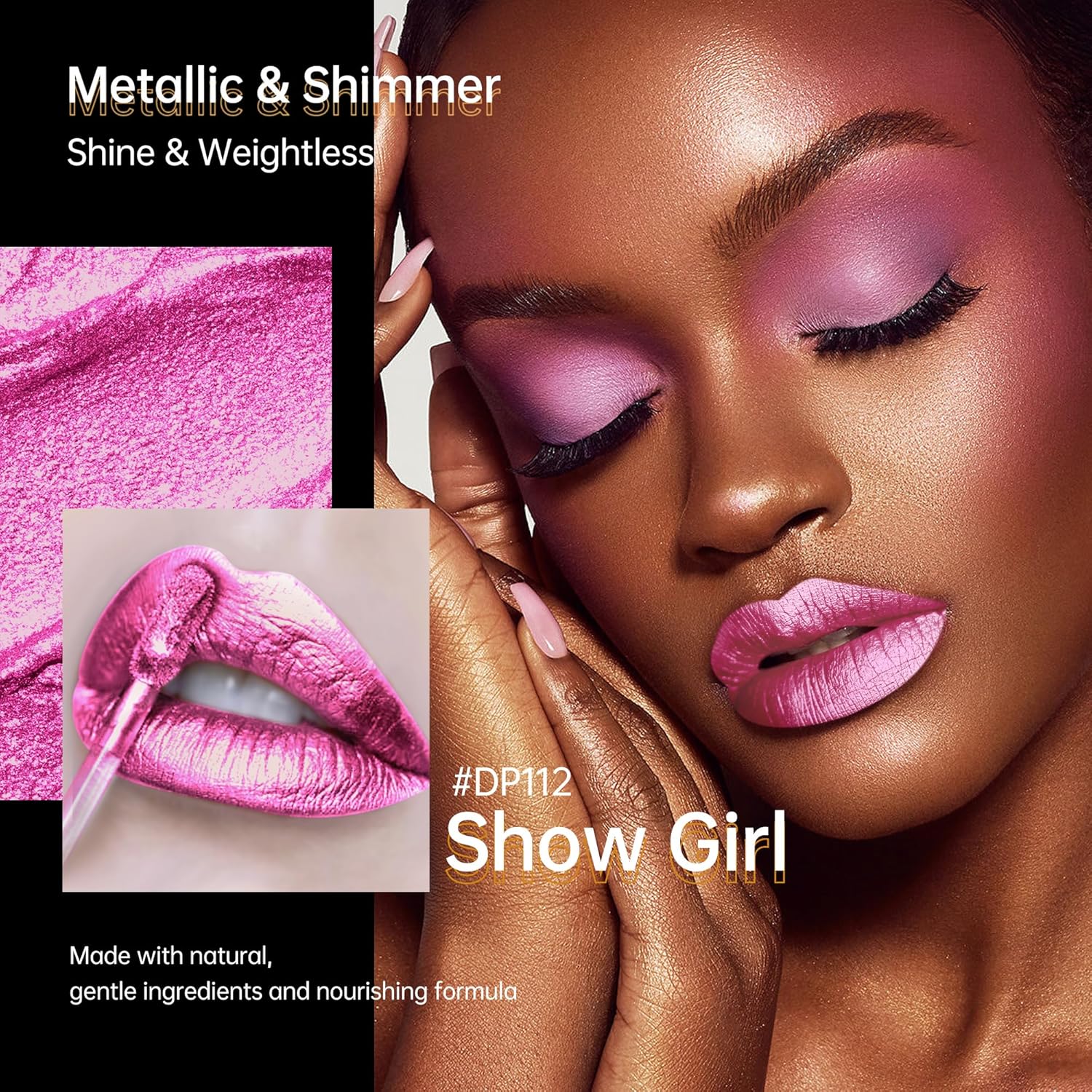 Hot Pink Lipsticks for Women Metallic Lipstick Long Lasting Non Stick Cup Lip Gloss, Shimmer Lightweight Hydrating Full Coverage Lip Color,DP112 Show Girl-Velvo Beauty