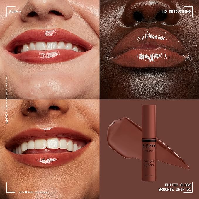 NYX PROFESSIONAL MAKEUP Butter Gloss Brown Sugar, Non-Sticky Lip Gloss - Brownie Drip (Deep Brown)-Velvo Beauty