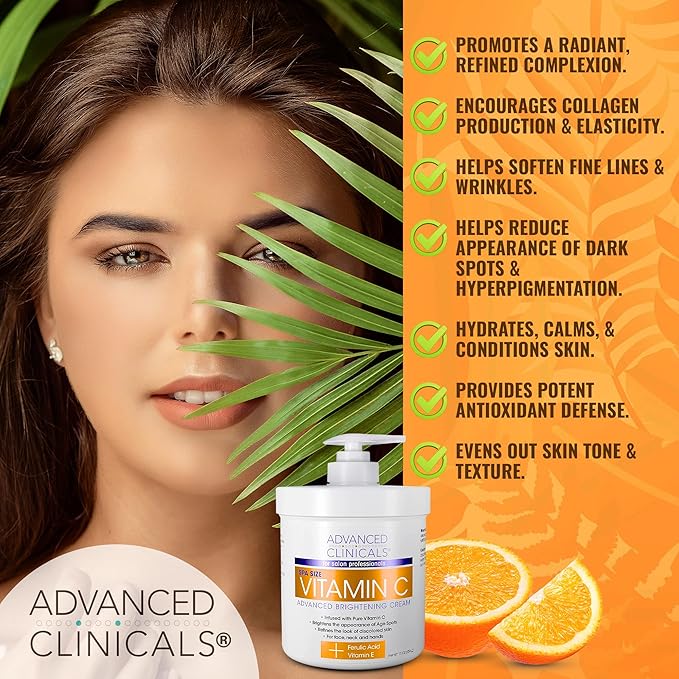 Advanced Clinicals Vitamin C Cream Face & Body Lotion Moisturizer | Anti Aging Skin Care Firming & Brightening Cream For Body, Face, Uneven Skin Tone, Wrinkles, & Sun Damaged Dry Skin, 16 Oz-Velvo Beauty
