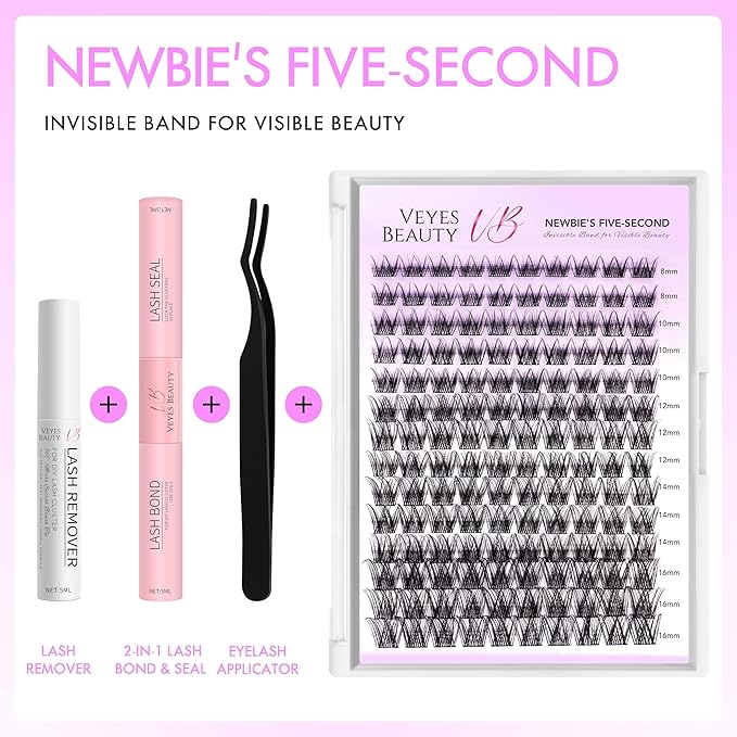 VEYESBEAUTY Lash Clusters Kit Individual Eyelash Extensions Thin & Invisible Band DIY False Eyelashes Newbie's Five-Second Series Wispy Lash Tray, LuxeBold KIT with Bond&Seal Remover Applicator-Velvo Beauty