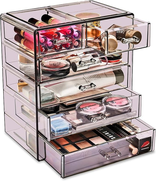Sorbus Acrylic Makeup Organizer - Organization and Storage Case for Cosmetics Make Up & Jewelry - Big Clear Makeup Organizer for Vanity, Bathroom, College Dorm, Closet, Desk (4 Large, 2 Small Drawers)-Velvo Beauty
