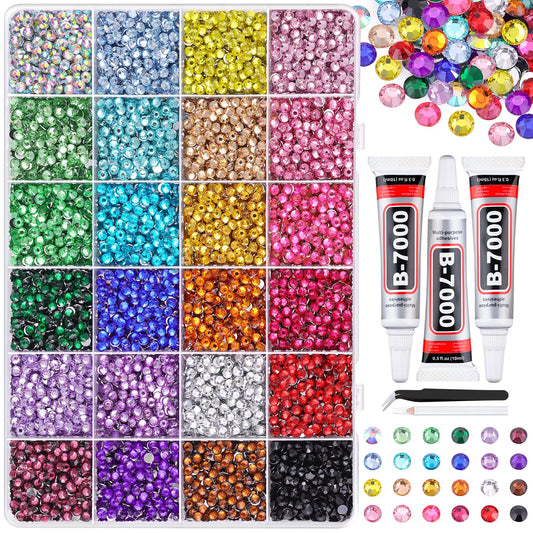 12600Pcs Resin Rhinestones for Bedazzling with Tweezers, Multicolor 4mm Rhinestones for Crafting with 3Pcs 10ml B7000 Jewelry Glue for DIY Crafts Clothing Tumblers Shoes Fabric Nail Art-Velvo Beauty