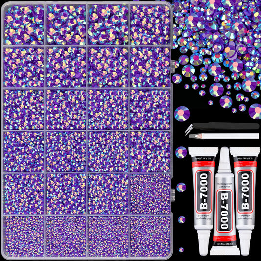 25000Pcs Resin Jelly Rhinestones with Tweezers for Crafting, Dark Purple AB Flatback Gems, Bedazzling Crystal with 3Pcs 10ml B7000 Jewelry Glue for DIY Crafts Clothing Tumblers Shoes Fabric Nail Art-Velvo Beauty