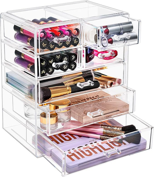 Sorbus Acrylic Makeup Organizer - Organization and Storage Case for Cosmetics Make Up & Jewelry - Big Clear Makeup Organizer for Vanity, Bathroom, College Dorm, Closet, Desk (3 Large, 4 Small Drawers)-Velvo Beauty