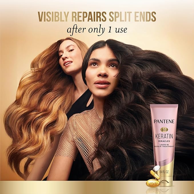 Pantene Keratin Leave-In Conditioner with Argan Oil, Protein Treatment for Dry, Damaged & Color-Treated Hair, Repairs Split Ends & Protects from Damage, Formaldehyde-Free, 8.4 Fl Oz-Velvo Beauty