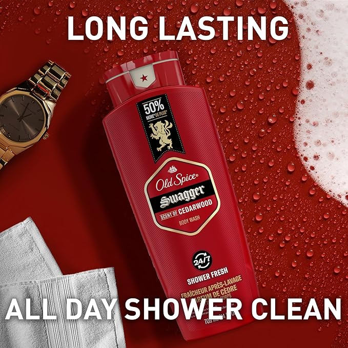 Old Spice Body Wash for Men, 24/7 Shower Fresh with Lasting Scent, Red Collection, Swagger with Cedarwood Scent, 24 fl oz (Pack of 2)-Velvo Beauty