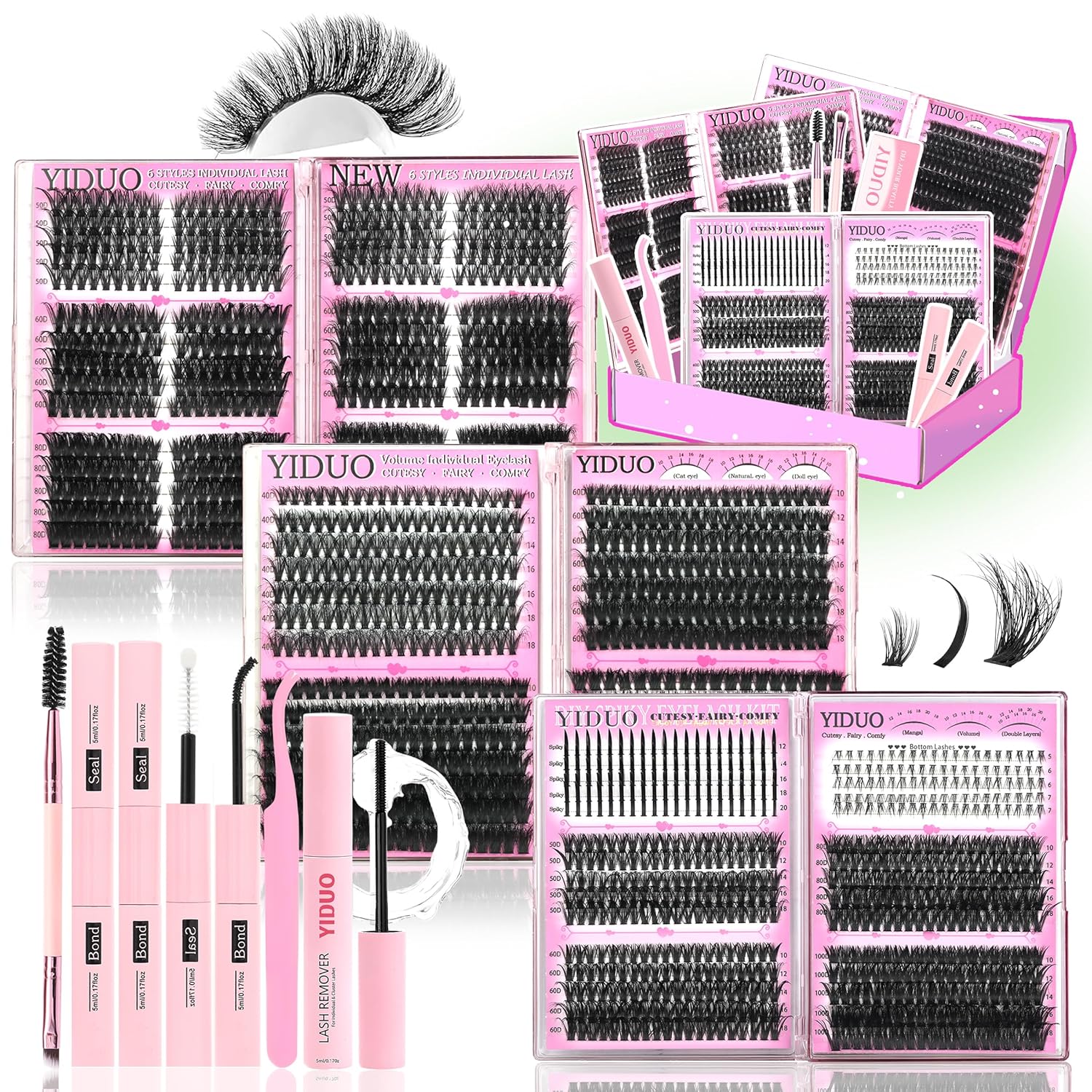 6 Box Mix Lashes Clusters Kit Gift Packs 1686Pcs with 2X Bond&Seal Volume Mega/Bottom Soft Extension False Eyelash D Curl Wispy Natural DIY Individual Fake Eyelashes for Beginners Bulk Pack-Velvo Beauty